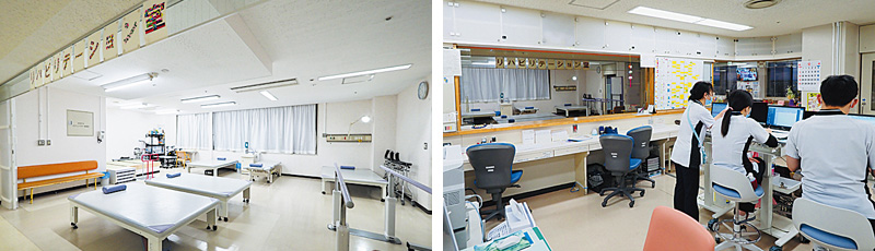 回復期リハビリ病棟のリハビリ室。スタッフに見守られ、患者は安心して過ごせる。
