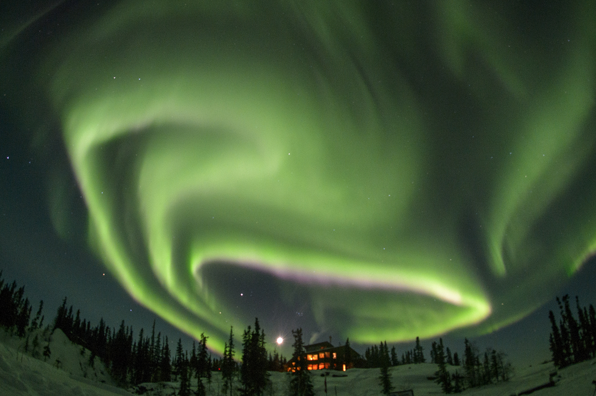 極北の夜空に広がるオーロラの光 ©多賀茂里生