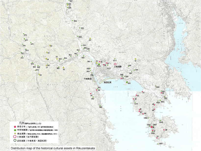 Figure 2: Distribution map of the historical cultural assets in Rikuzentakata