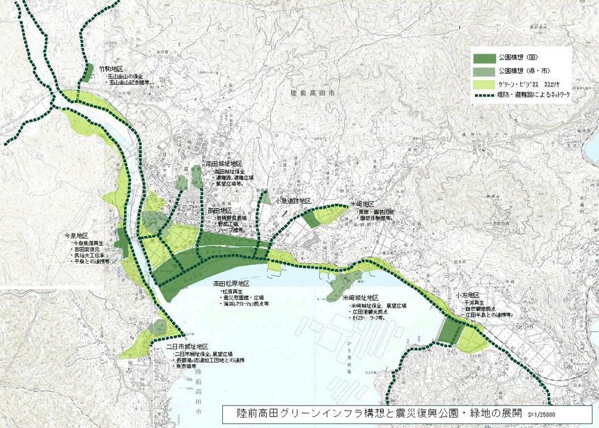 図３　陸前高田「グリーンインフラ構想」と震災復興公園・緑地の展開
