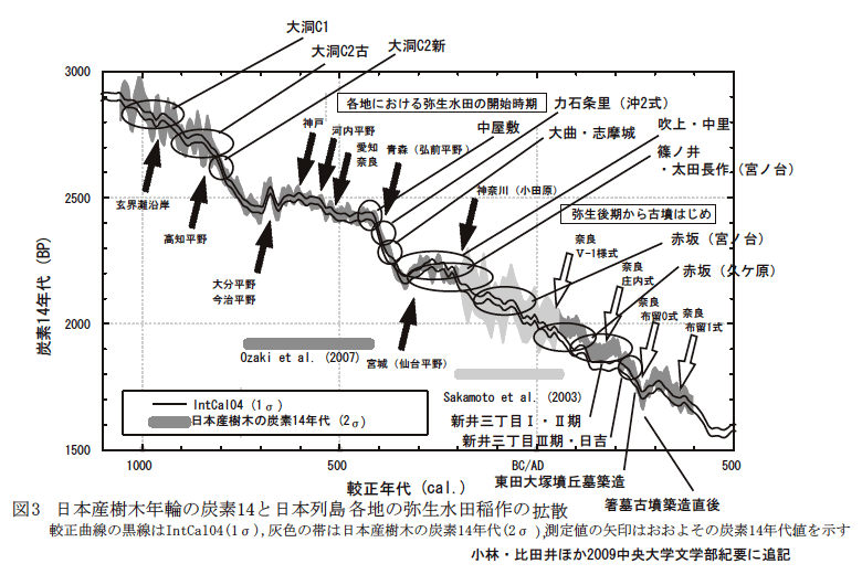 図３ 日本産樹木年輪の炭素１４と日本列島各地の弥生水田稲作の拡散