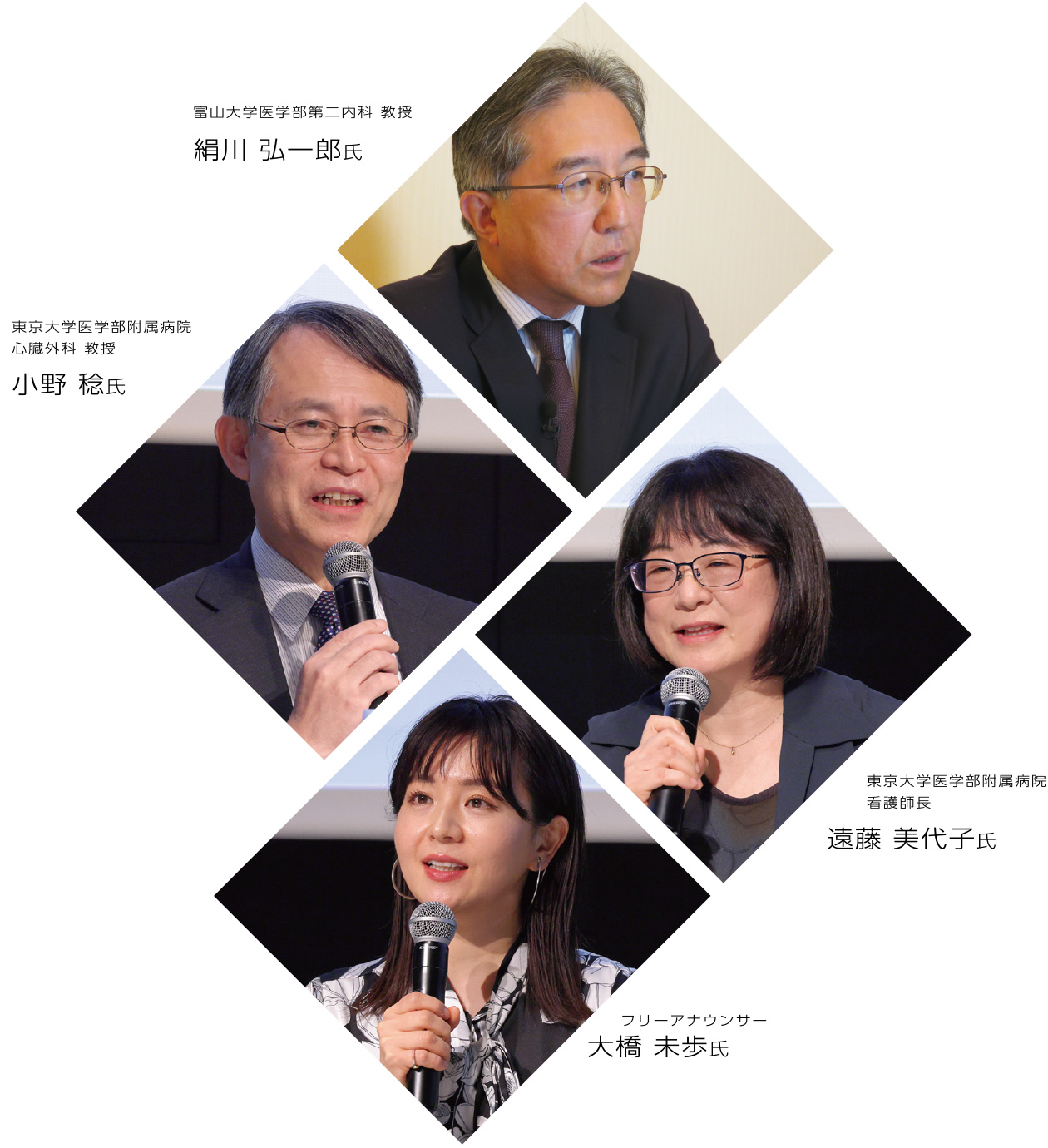 富山大学医学部第二内科 教授 絹川弘一郎氏、東京大学医学部附属病院 心臓外科 教授 小野稔氏、東京大学医学部附属病院 看護師長 遠藤美代子氏、フリーアナウンサー 大橋未歩氏