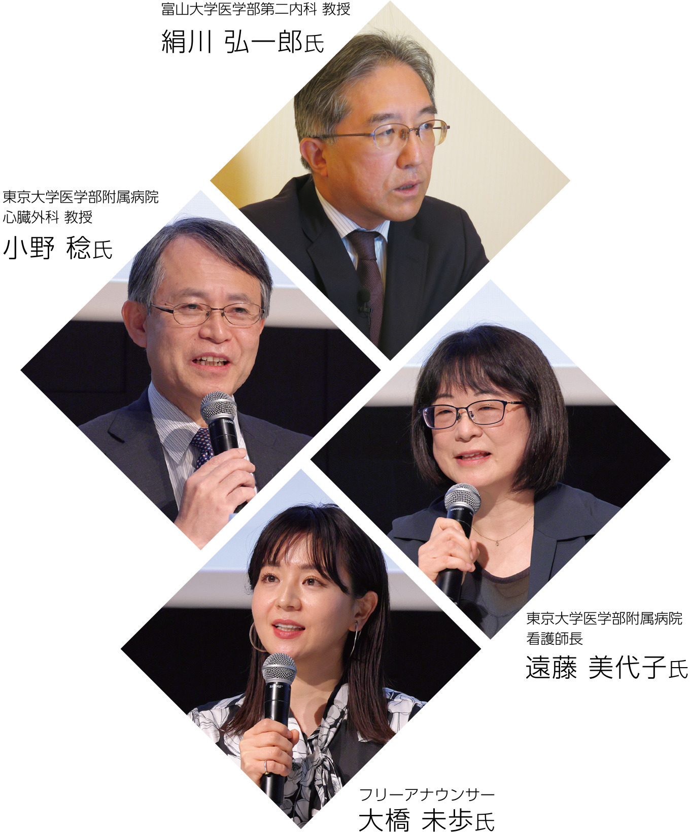 富山大学医学部第二内科 教授 絹川弘一郎氏、東京大学医学部附属病院 心臓外科 教授 小野稔氏、東京大学医学部附属病院 看護師長 遠藤美代子氏、フリーアナウンサー 大橋未歩氏