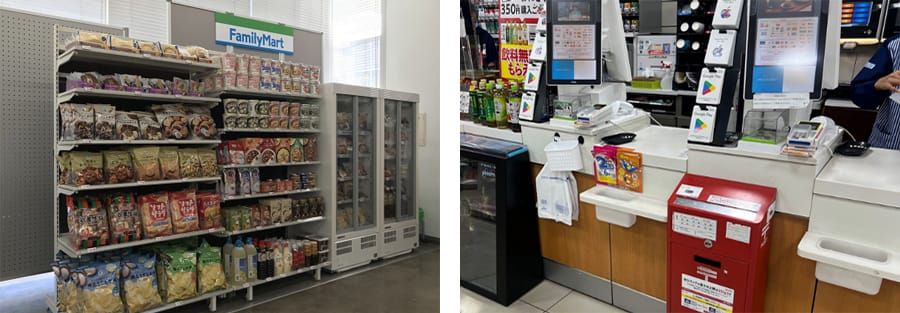 左/郵便局で販売されているファミリーマートの商品（天津郵便局）右/ローソン店舗内に設置している店内ポスト